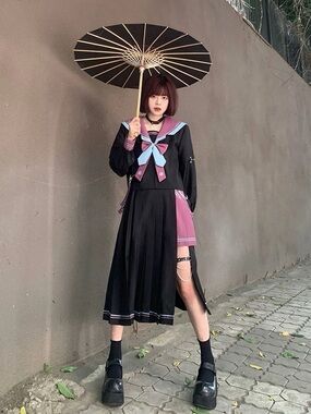 Black JK Two-Piece Set with Dusty Rose & Sky Blue Accents